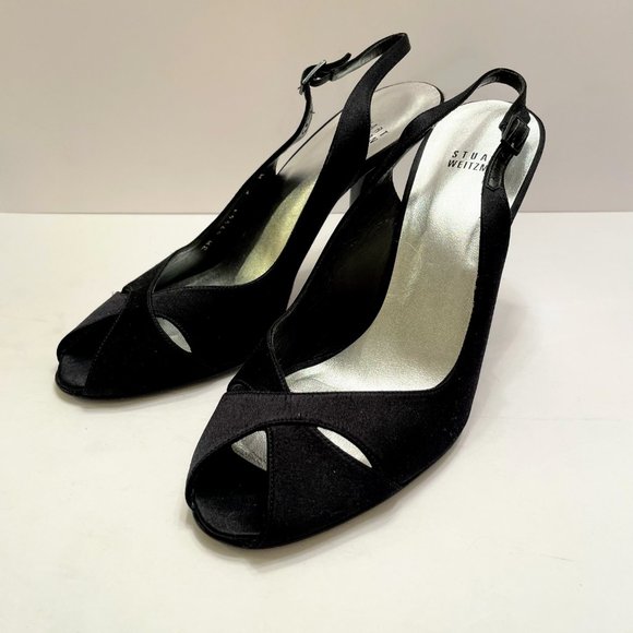 Stuart Weitzman Satin Peep Toe Slingback Heels - Picture 2 of 14